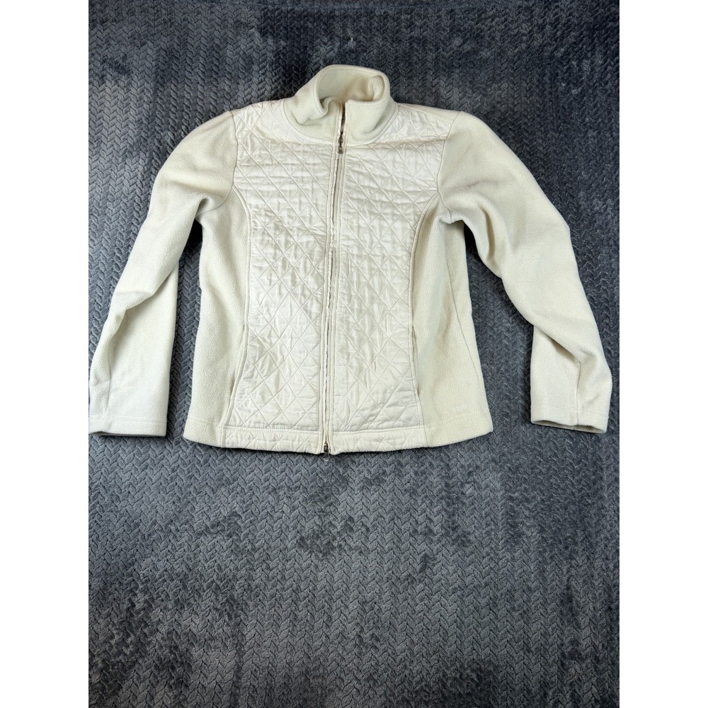 IZOD PerformX Fleece Jacket Womens M Beige Quilted Front Full Zip Mock Neck